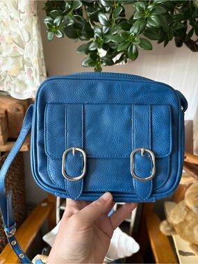 Blue Leather Crossbody Bag with Buckle Accents